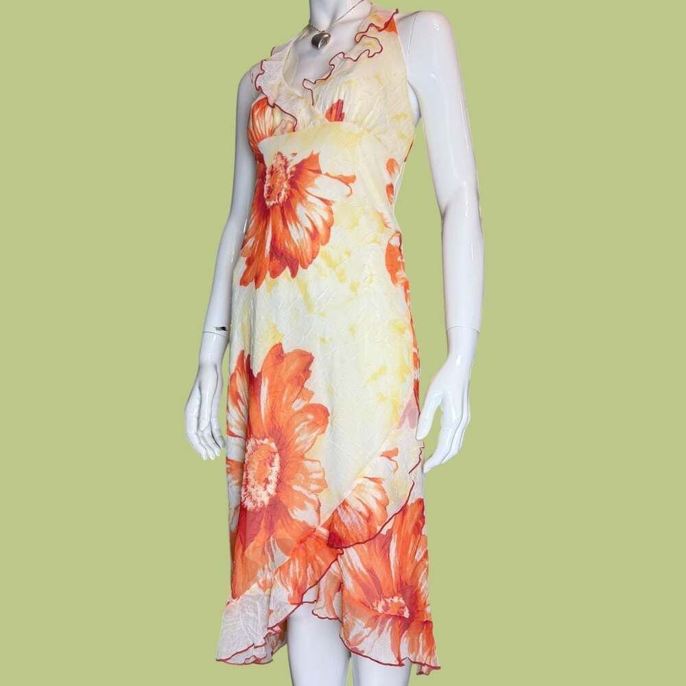 Vintage 90s Y2K Orange Floral Asymmetrical Midi Dress - Picture 3 of 7